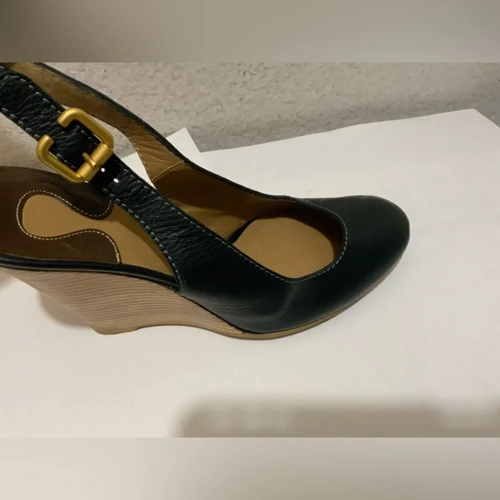Chloé Leather Slingback Leather Wedge Ankle Pumps In Black 39.5 Italy